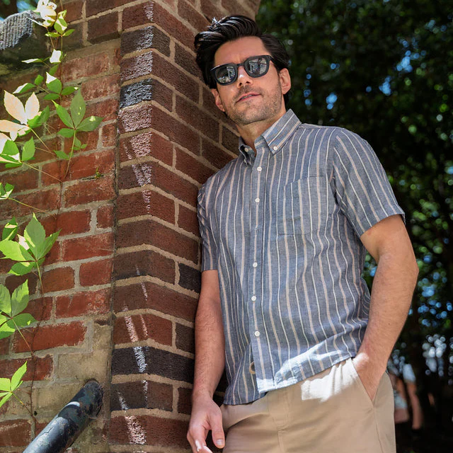 Linen Short Sleever - Navy Khaki Stripe - Image 4