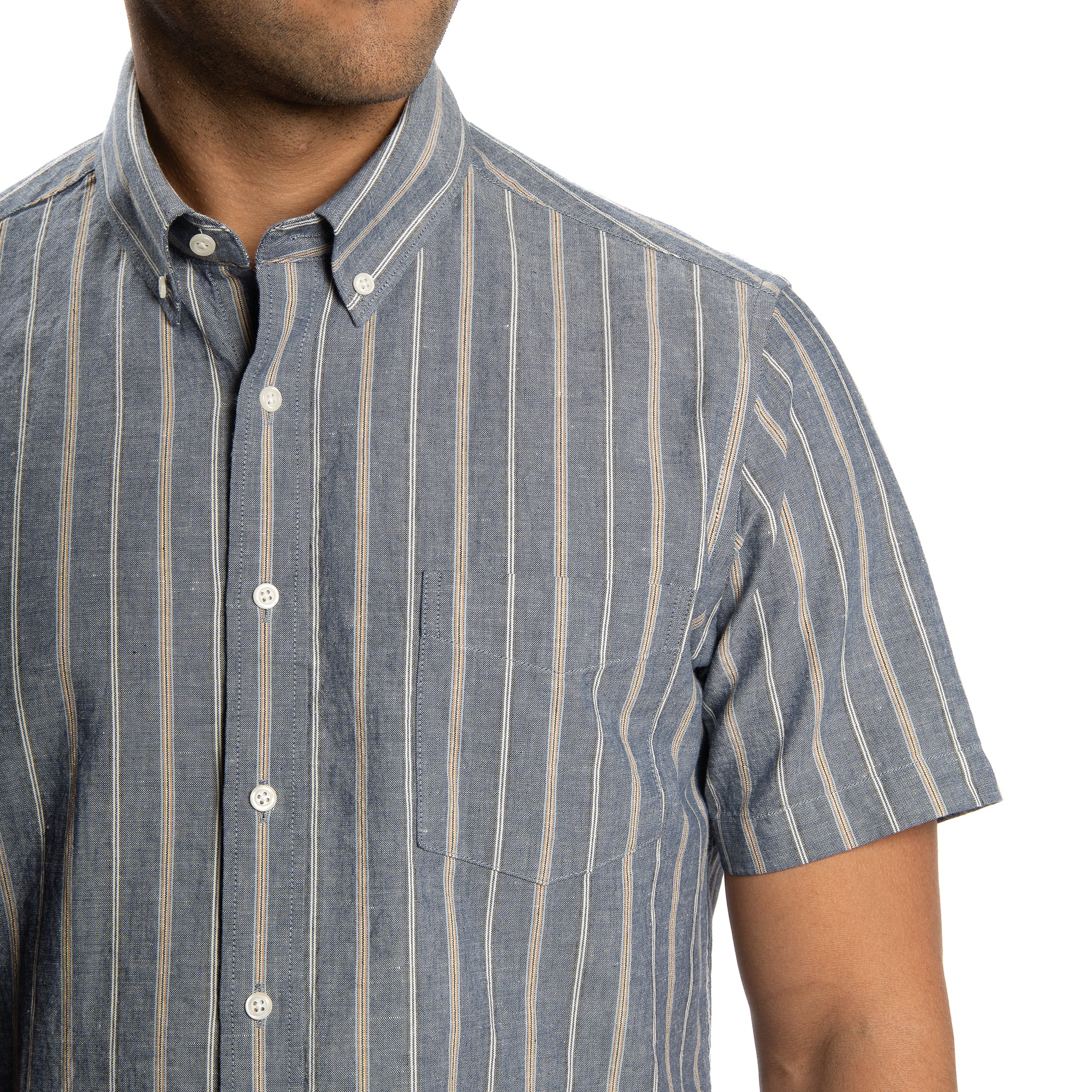 Linen Short Sleever - Navy Khaki Stripe - Image 5