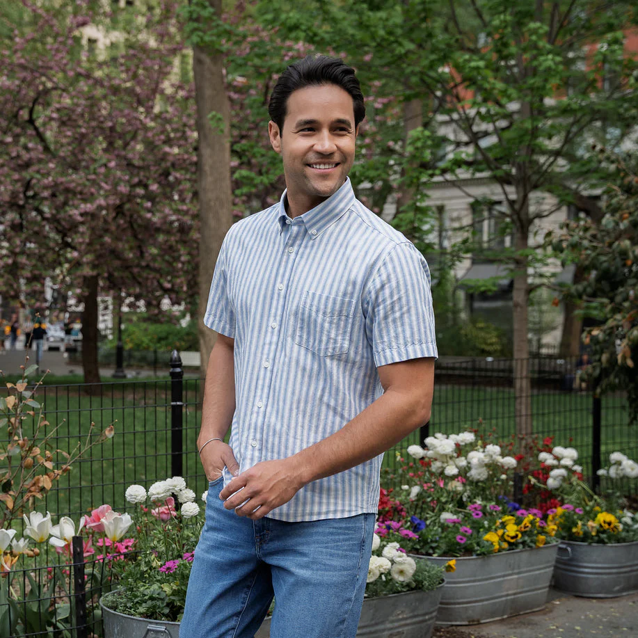 Linen Short Sleever - White Blue Stripe - Image 3