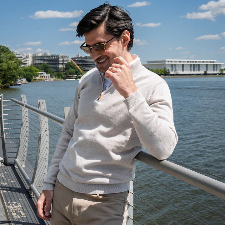 Pima Cotton Quarter Zip Sweaters - Sand - Image 3