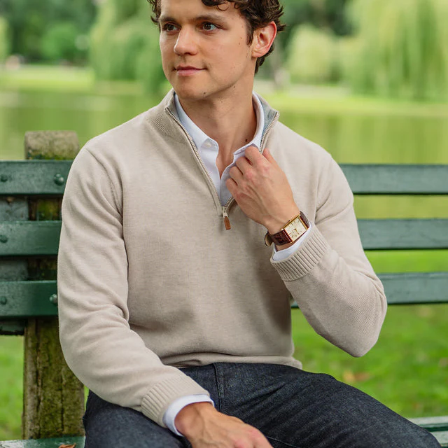 Pima Cotton Quarter Zip Sweaters - Sand - Image 4