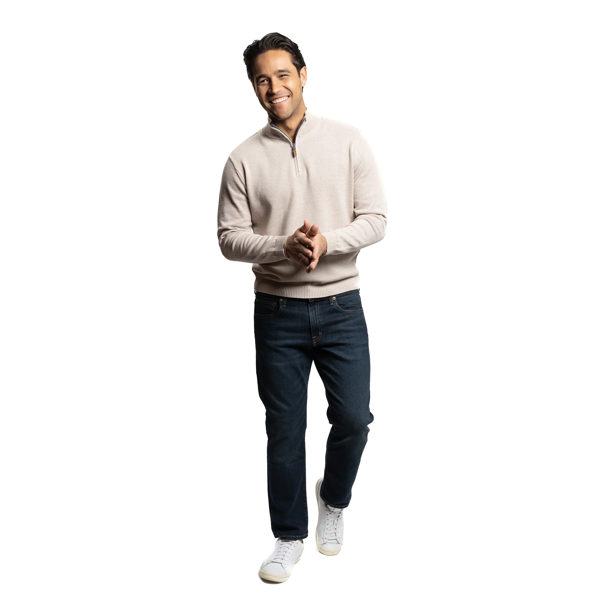 Pima Cotton Quarter Zip Sweaters - Sand - Image 5